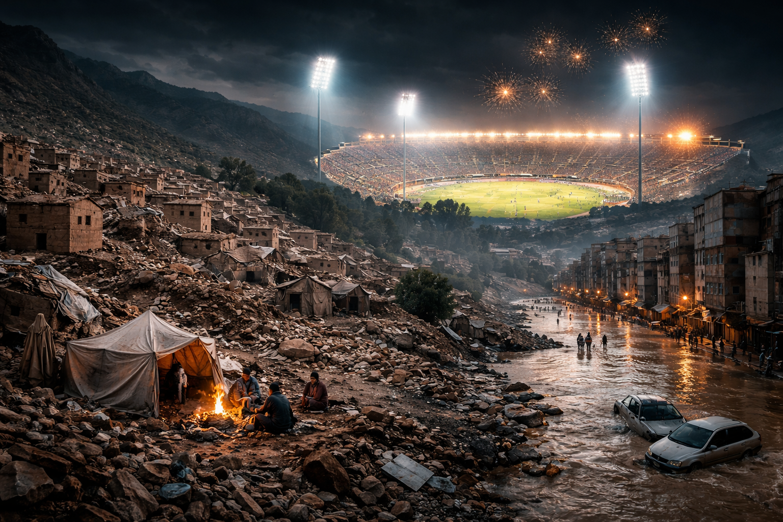 وراء الأضواء… حين تُخفي الملاعب جراح الجبال وتفيض الأودية في المدن